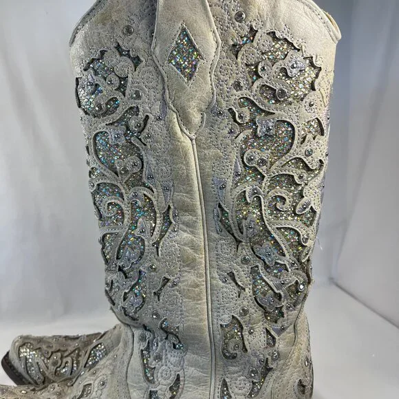 WOMEN'S WHITE GLITTERED INLAY AND CRYSTALS SNIP COWBOY BOOT 9M - Picture 9 of 16
